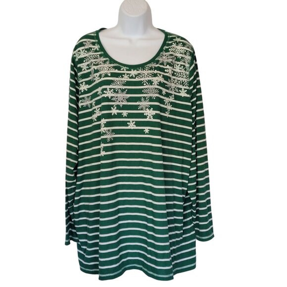 CJ Banks Top 3X Green White Striped Long Sleeve Snowflake Design - Picture 2 of 7